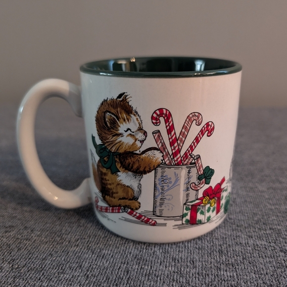 3 for $30 | Christmas "Kitty Mischief" Cat/Kitten Mug, White and Green - Picture 1 of 3